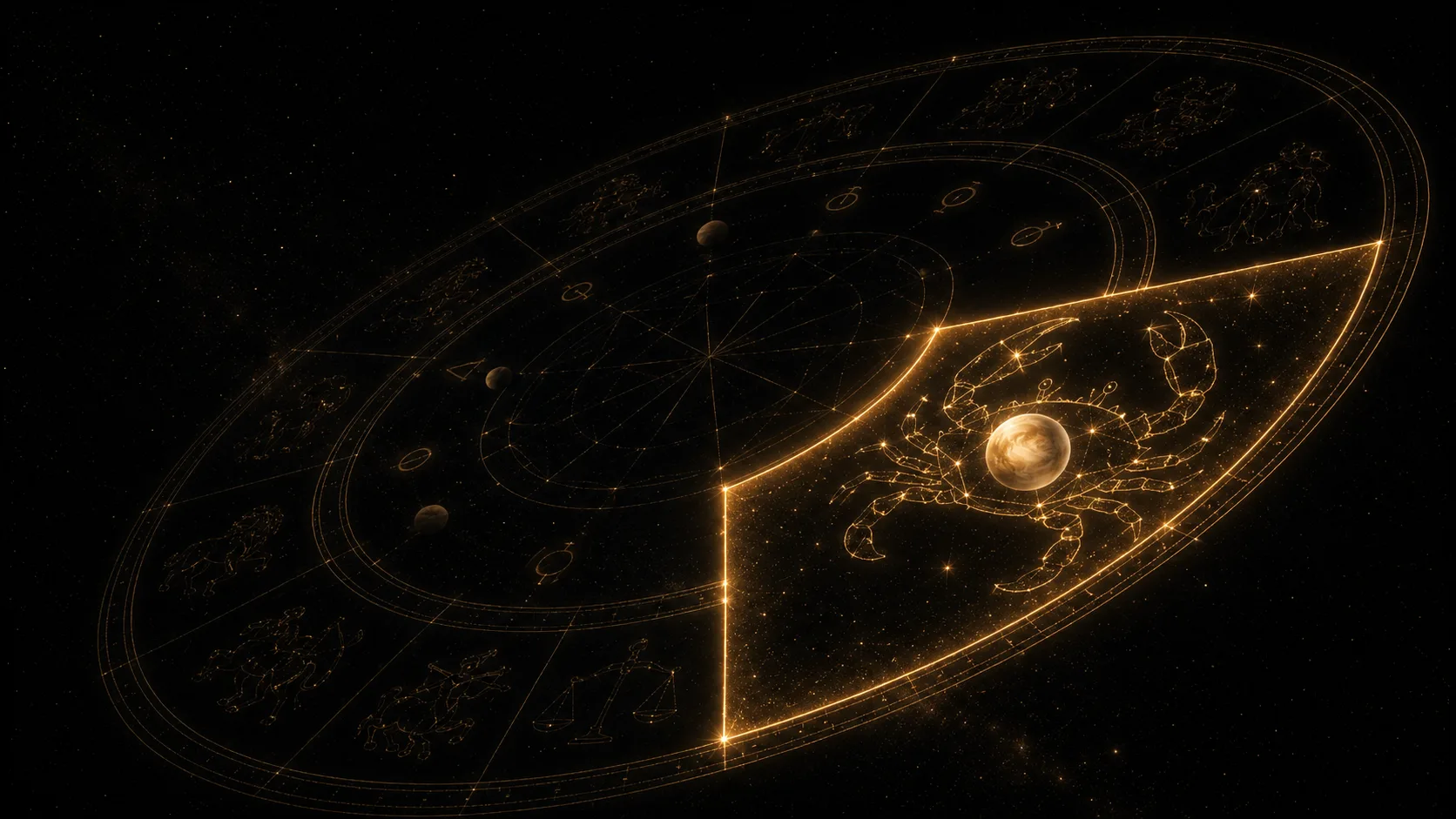 Venus glowing in the sign of Cancer within the fifth house slice of a chart wheel