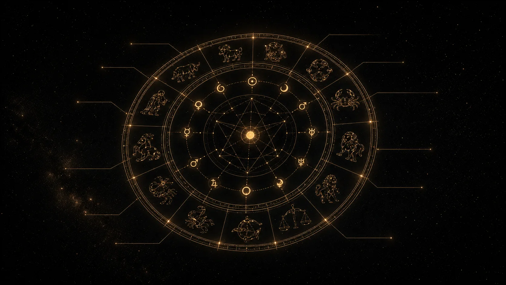 An annotated chart wheel — the outer ring of zodiac signs, planet glyphs placed around it