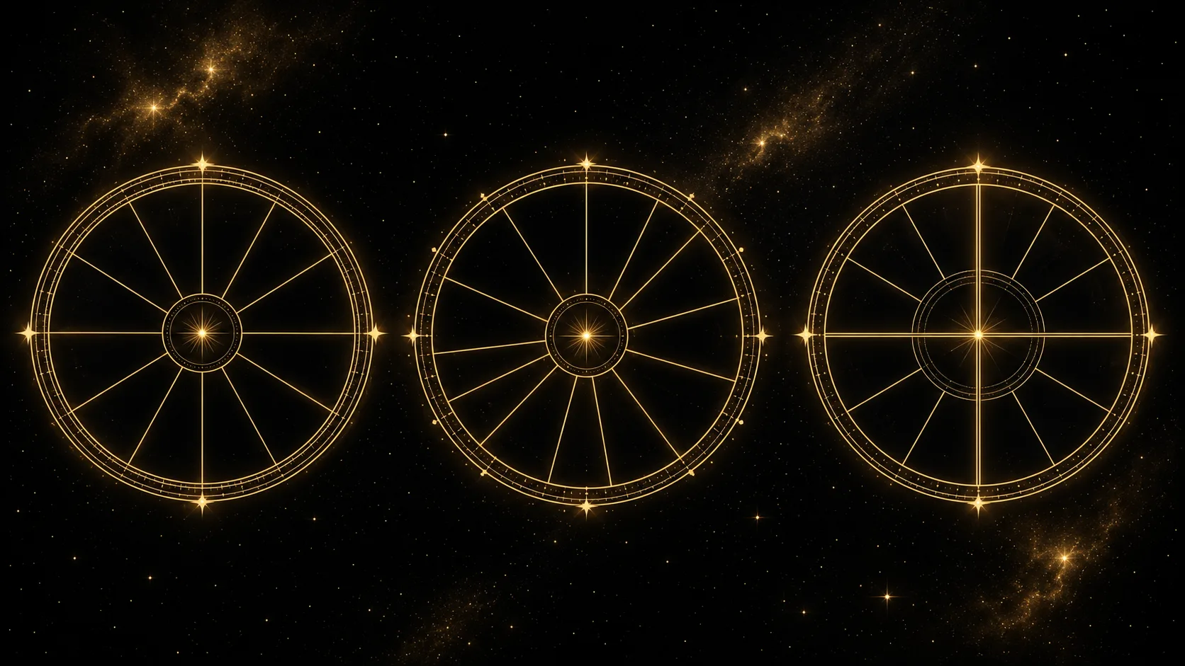 Three chart wheels side by side — Whole Sign with even houses, Placidus with uneven houses, Porphyry trisected between the angles