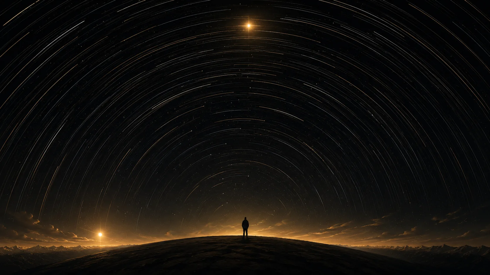 A lone figure on a dark horizon as the entire star-filled sky arcs overhead in long motion-trails