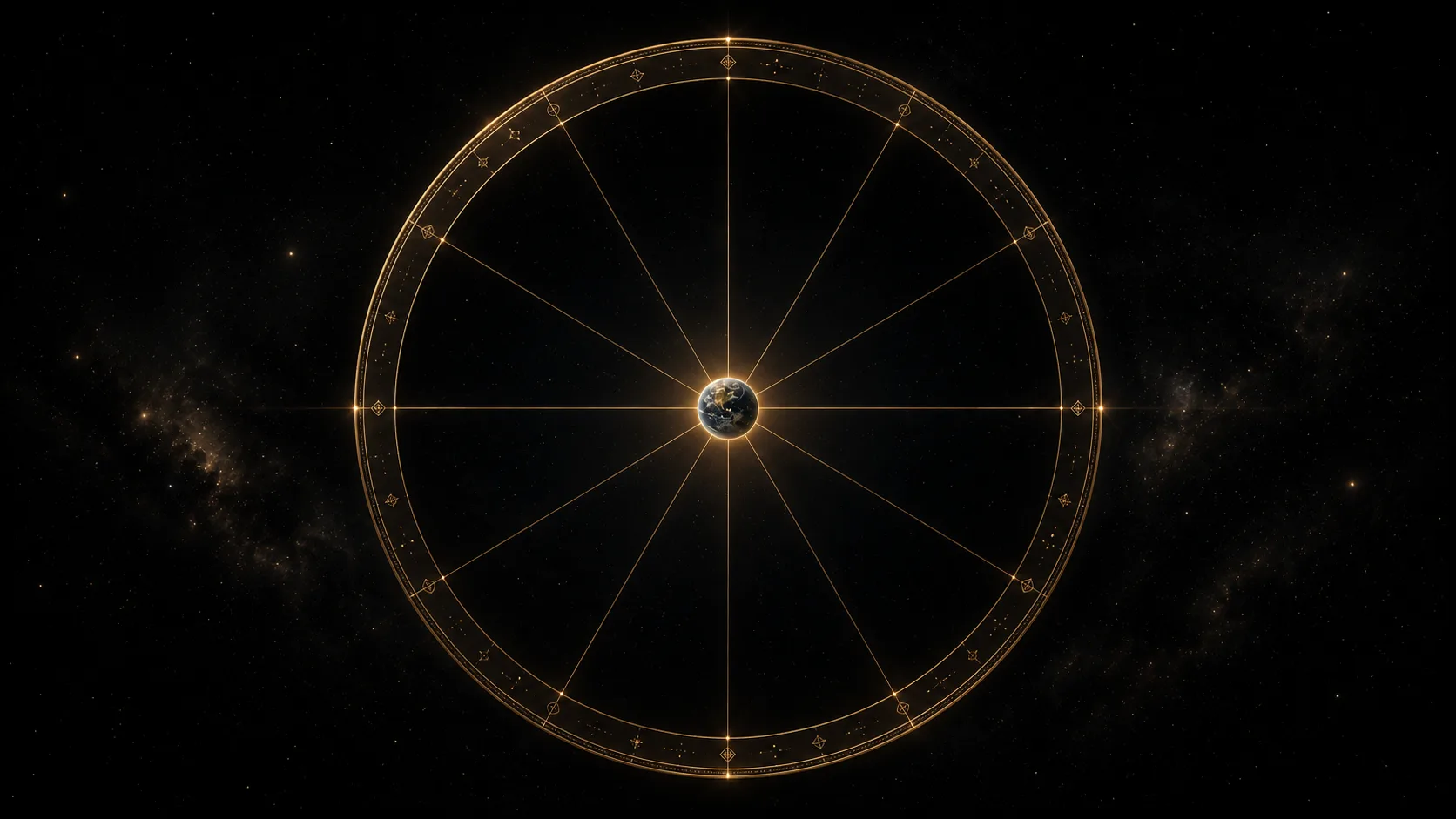 A circular astrological chart divided into twelve numbered house slices around a central Earth