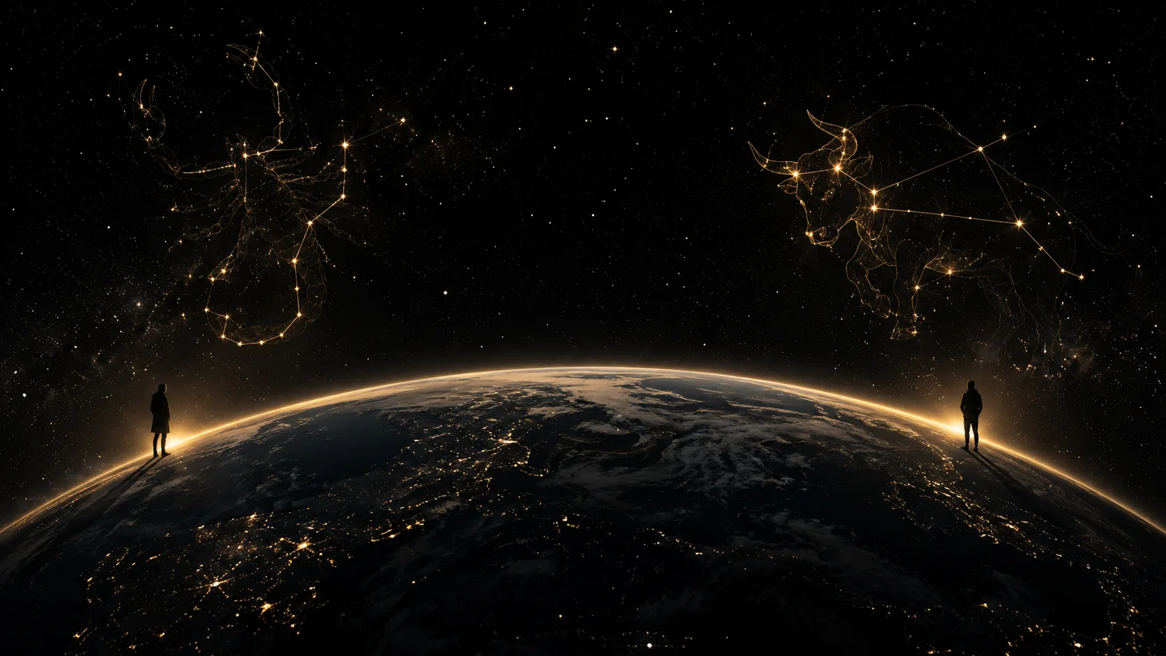Two figures on opposite sides of a globe, each facing a different rising constellation