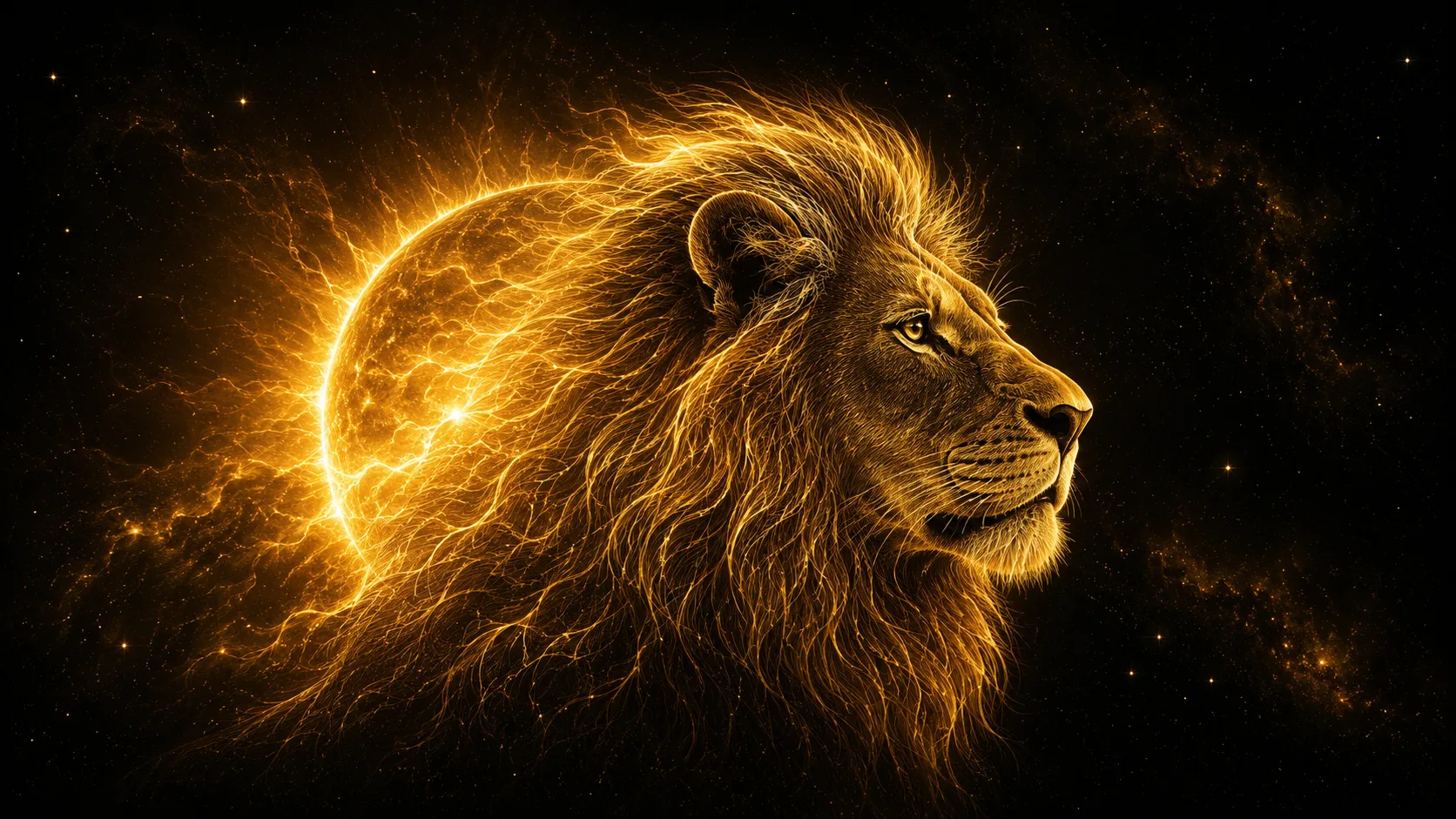 A lion silhouette haloed by the Sun — Mira's Leo Sun, bold and warm