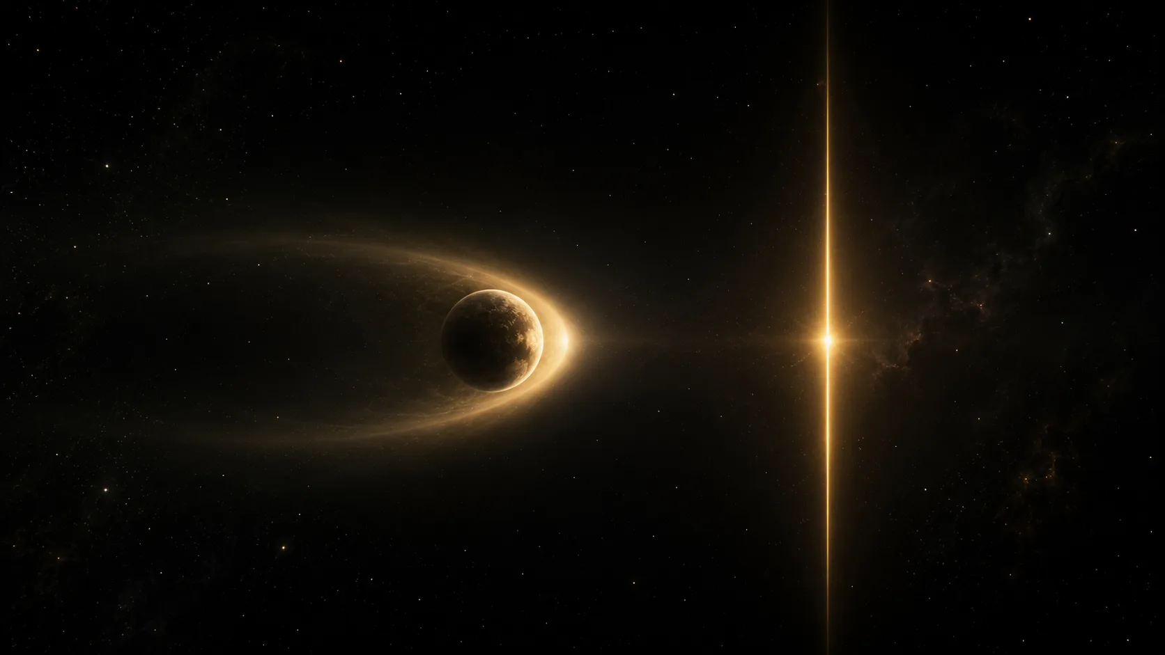 A planet gliding toward a bright marker, wrapped in a soft halo a few degrees wide — dim at the edges, brilliant at the center