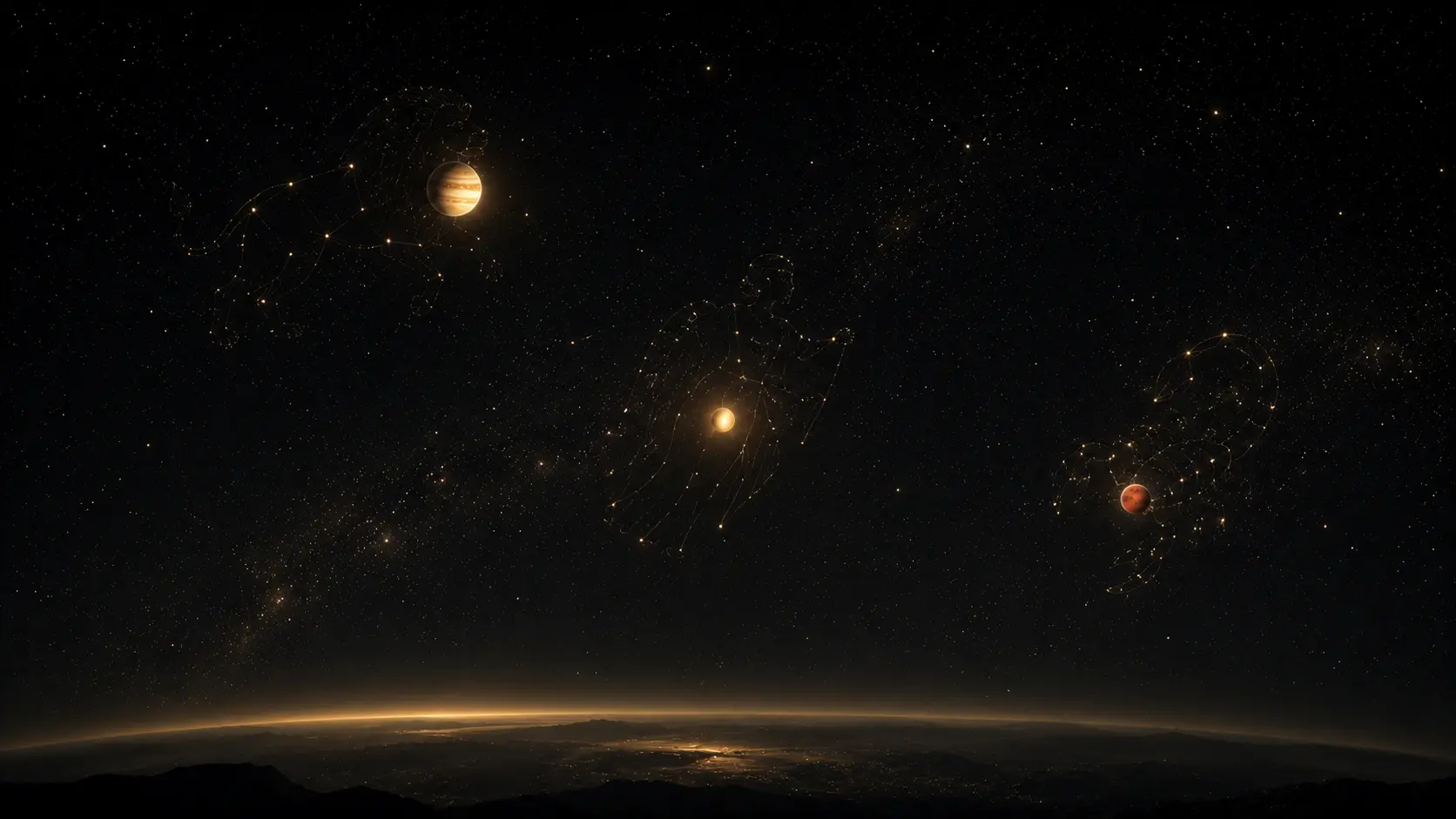 From a horizon on Earth, planets appear in front of different zodiac constellations